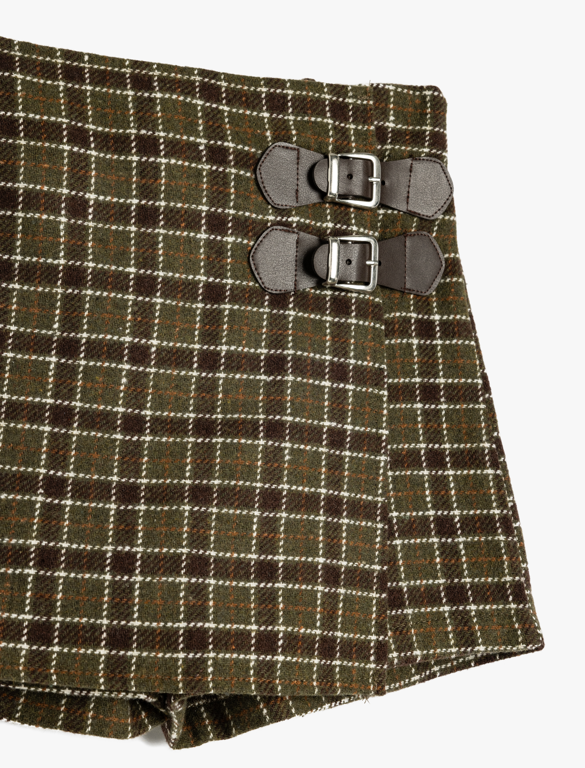  Kız Çocuk Ekoseli Toka Detaylı Kruvaze Tüvit Etek