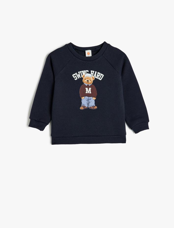 Erkek Bebek Sweatshirt Ayıcık Baskılı Uzun Kollu Bisiklet Yaka