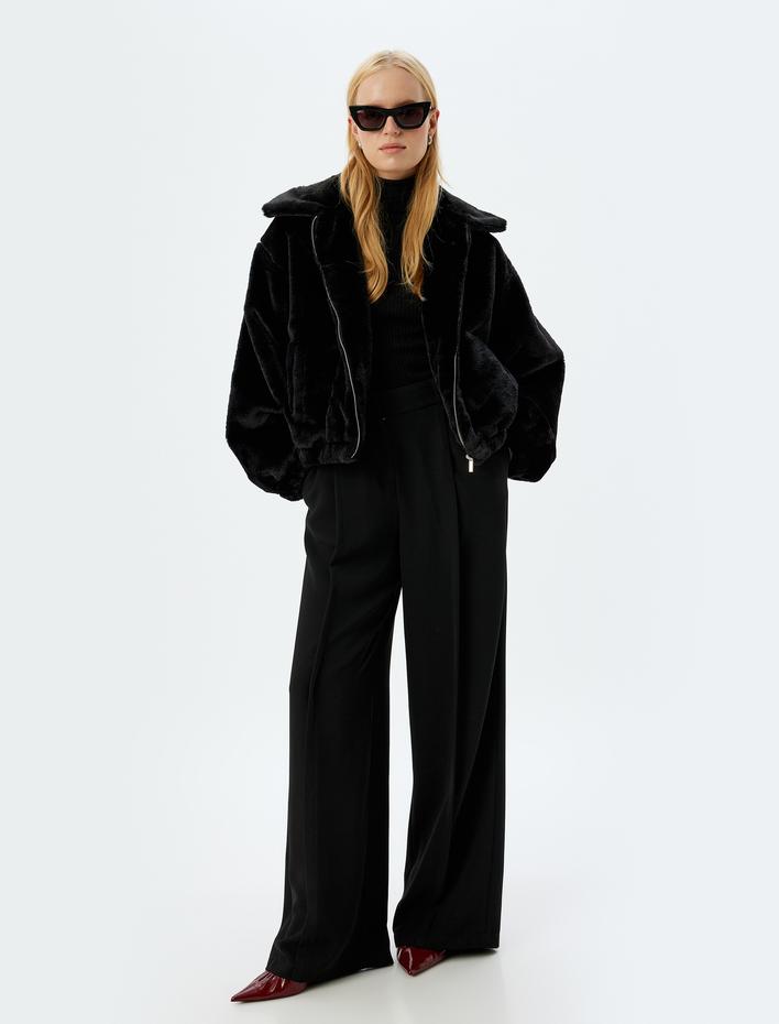  Fermuarlı Crop Oversize Bomber Peluş Ceket