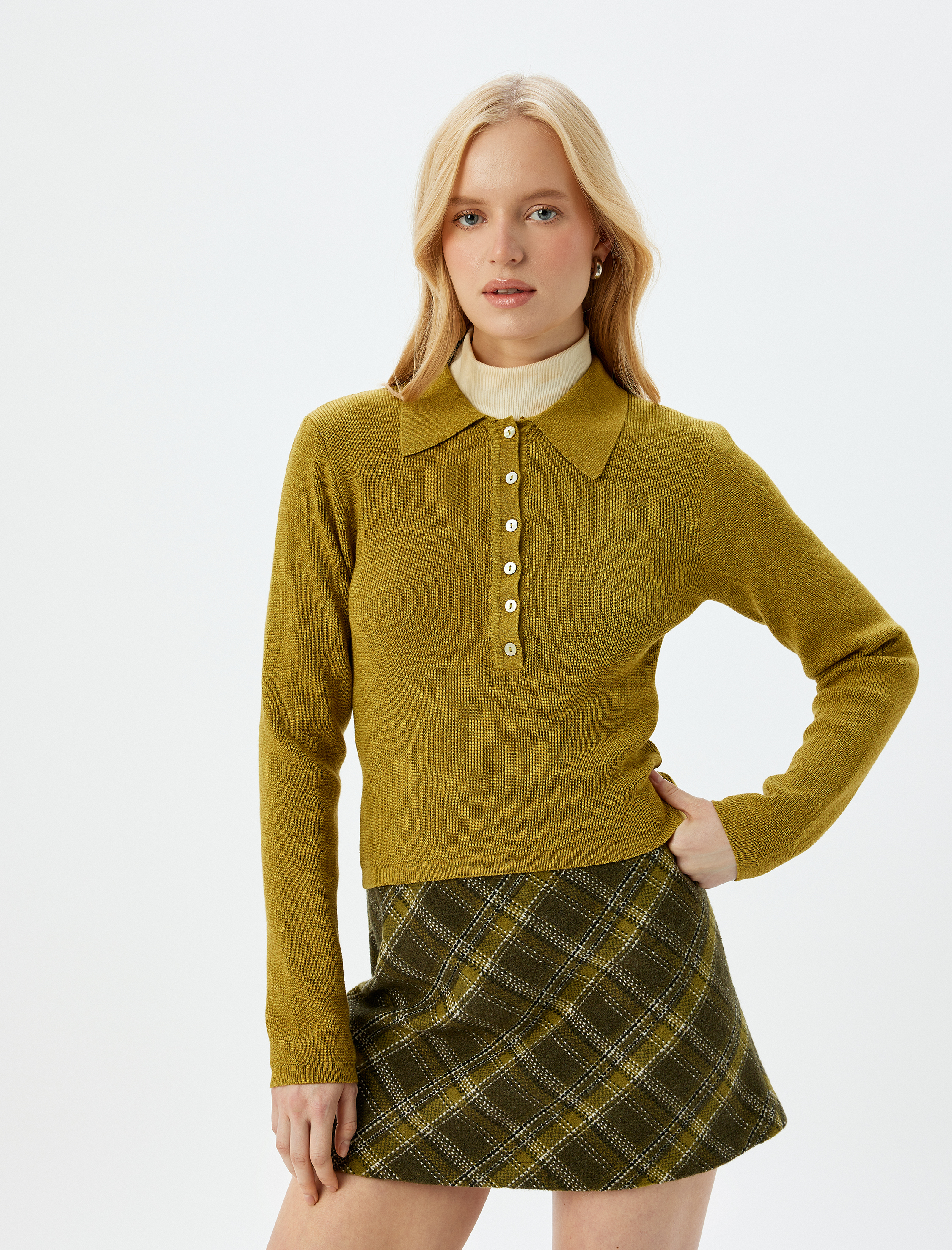   Uzun Kollu Düğmeli Triko Polo Yaka Kazak