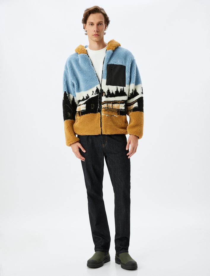  Fermuarlı Manzara Desenli Cep Detaylı Kapşonlu Peluş Ceket