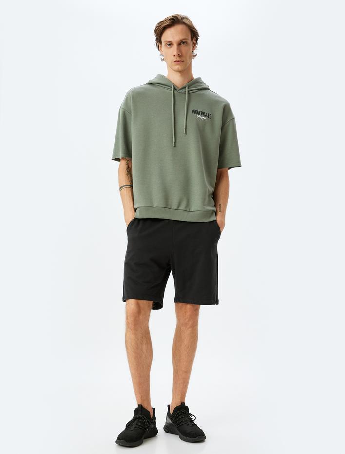  Yarım Kollu Kapşonlu Pamuk Karışımlı Slogan Baskılı Oversize Spor Sweatshirt