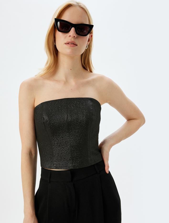  Straplez Crop Parıltılı Dokulu Kolsuz Fermuarlı Bluz