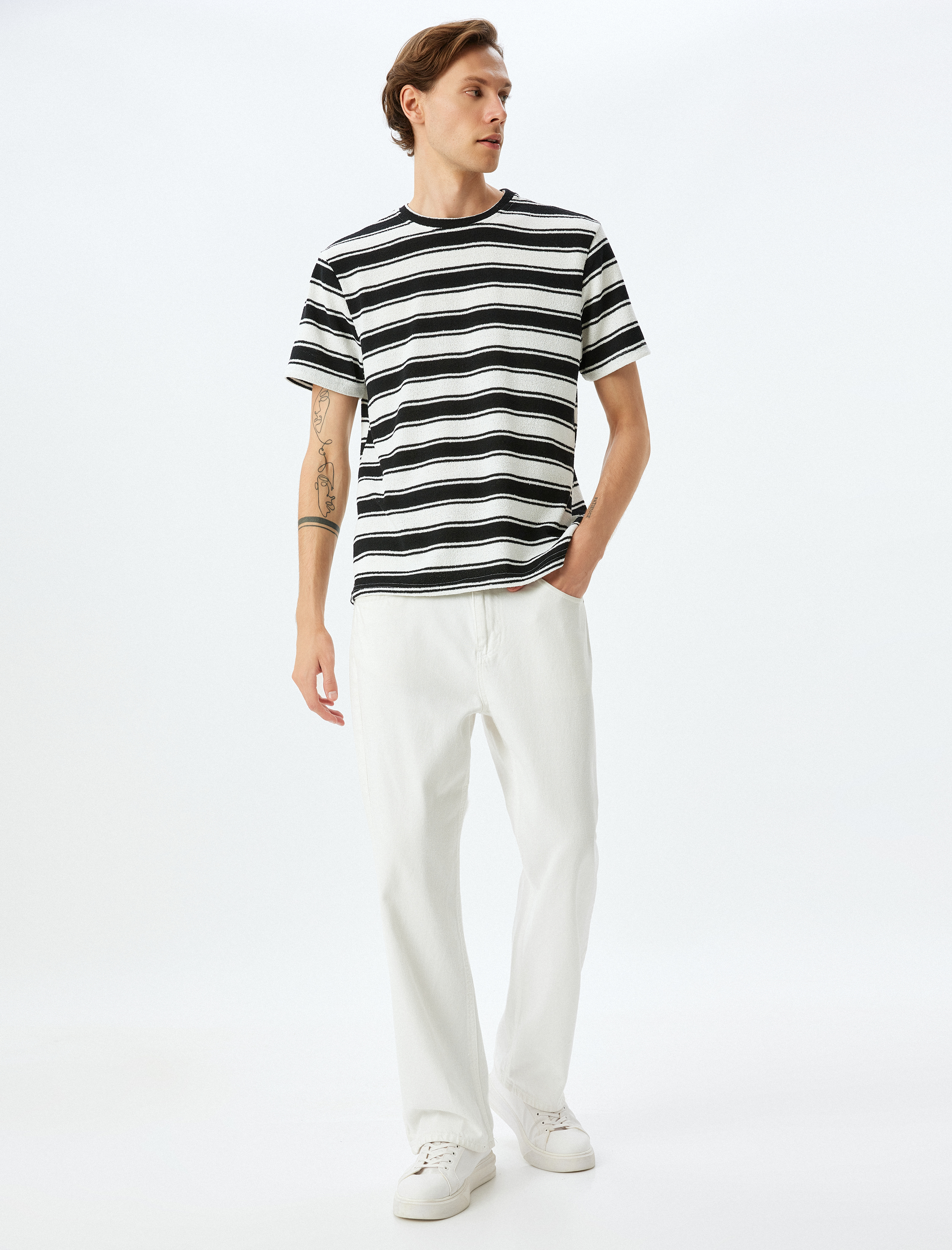   Kısa Kollu Bisiklet Yaka Regular Fit Pamuk Karışımlı Çizgili Tişört