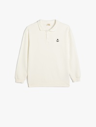 Polo Yaka Sweatshirt Çapa İşlemeli Uzun Kollu Pamuklu