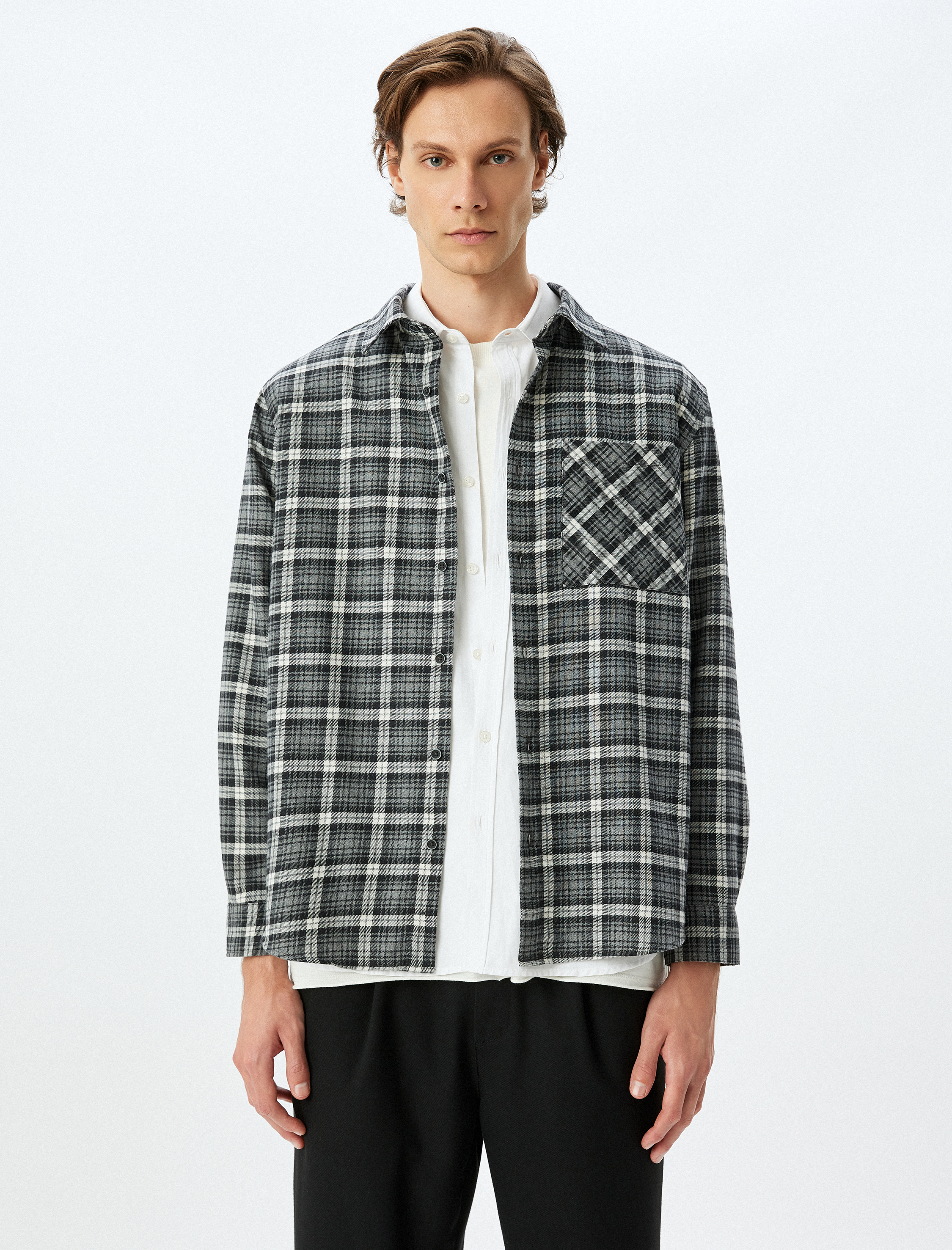   Uzun Kollu Regular Fit Cepli Pamuk Karışımlı Oduncu Gömleği