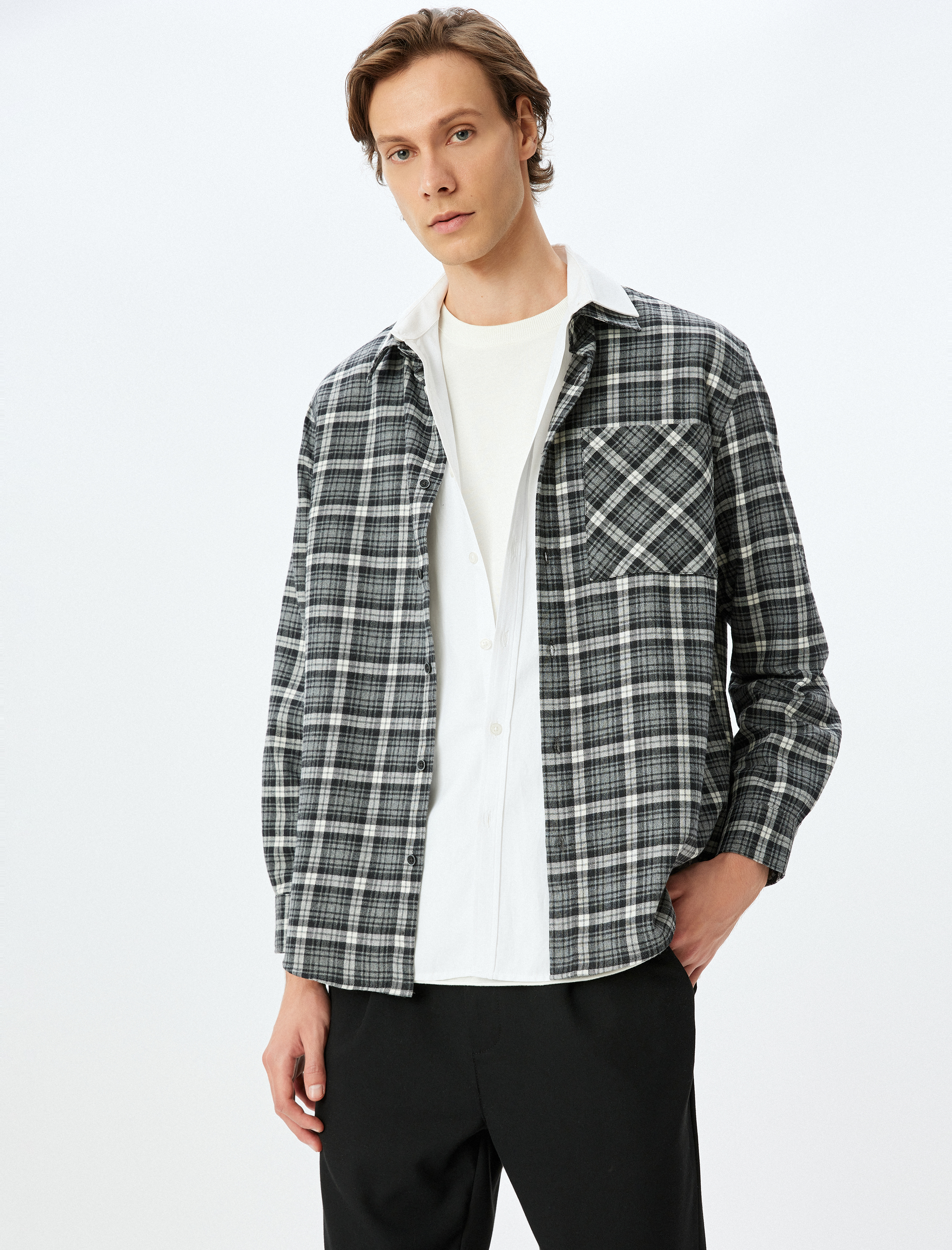   Uzun Kollu Regular Fit Cepli Pamuk Karışımlı Oduncu Gömleği