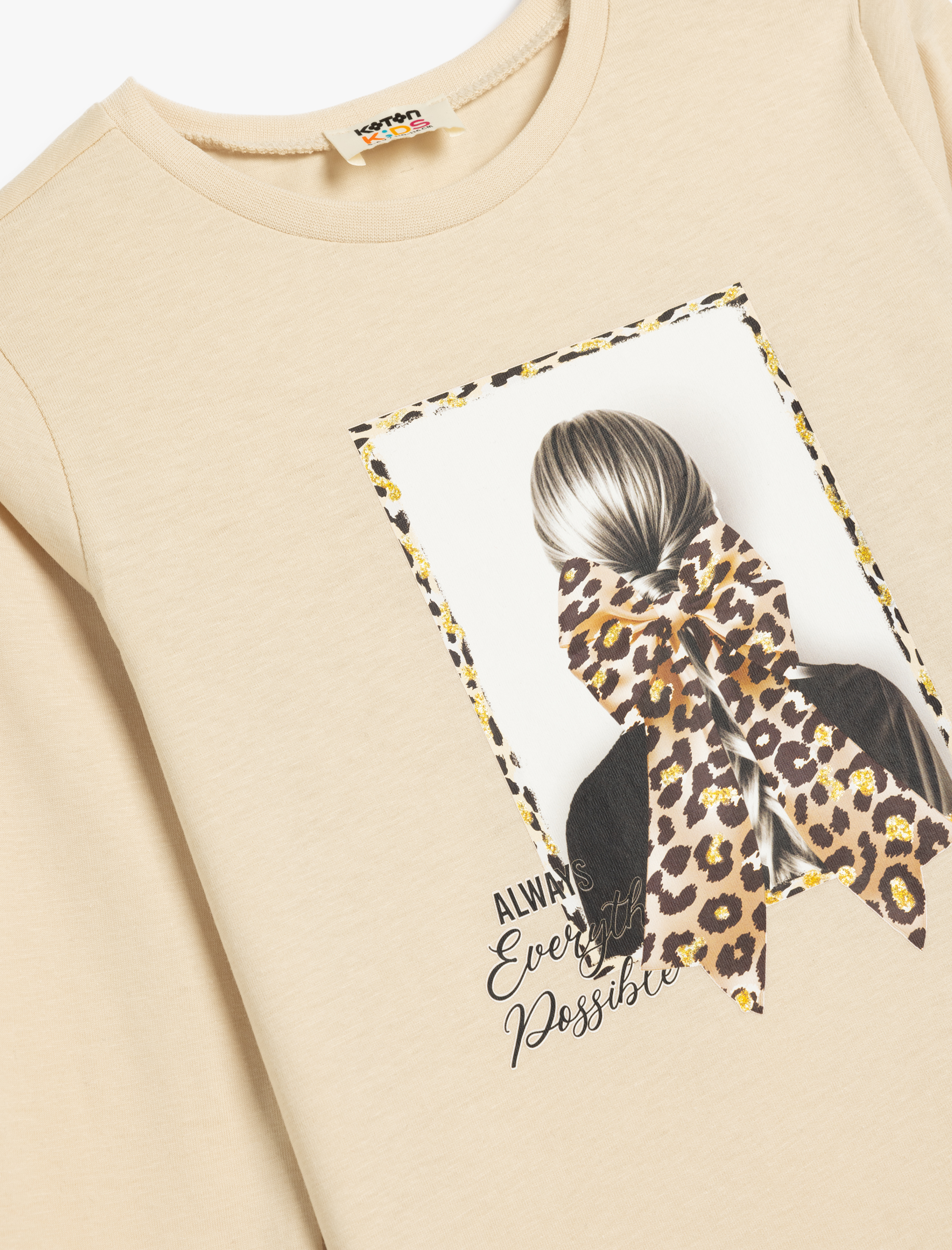  Kız Çocuk Uzun Kollu Tişört Baskı Detaylı Bisiklet Yaka Pamuklu