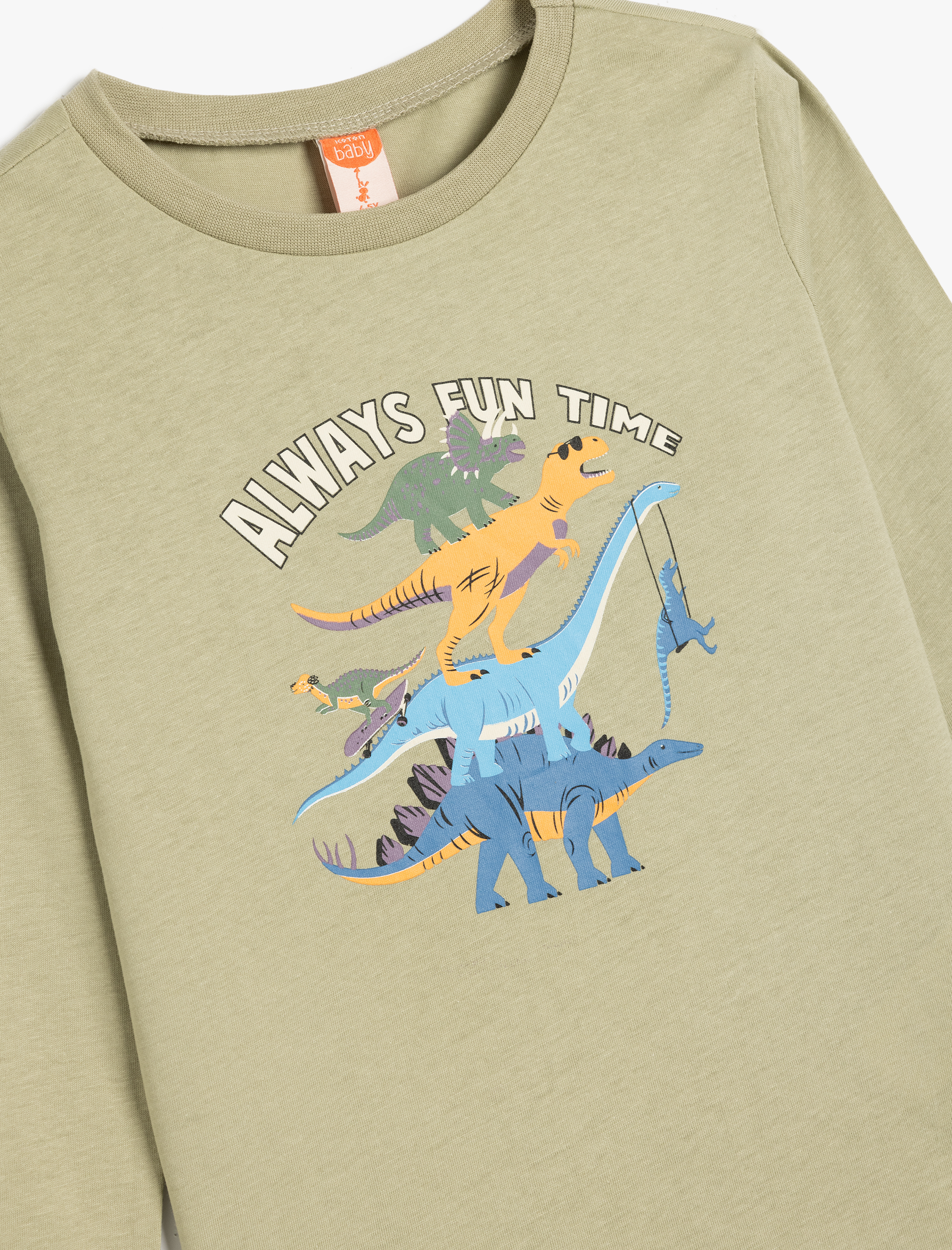  Erkek Bebek Tişört Uzun Kollu Bisiklet Yaka Dinozor Baskılı Pamuklu