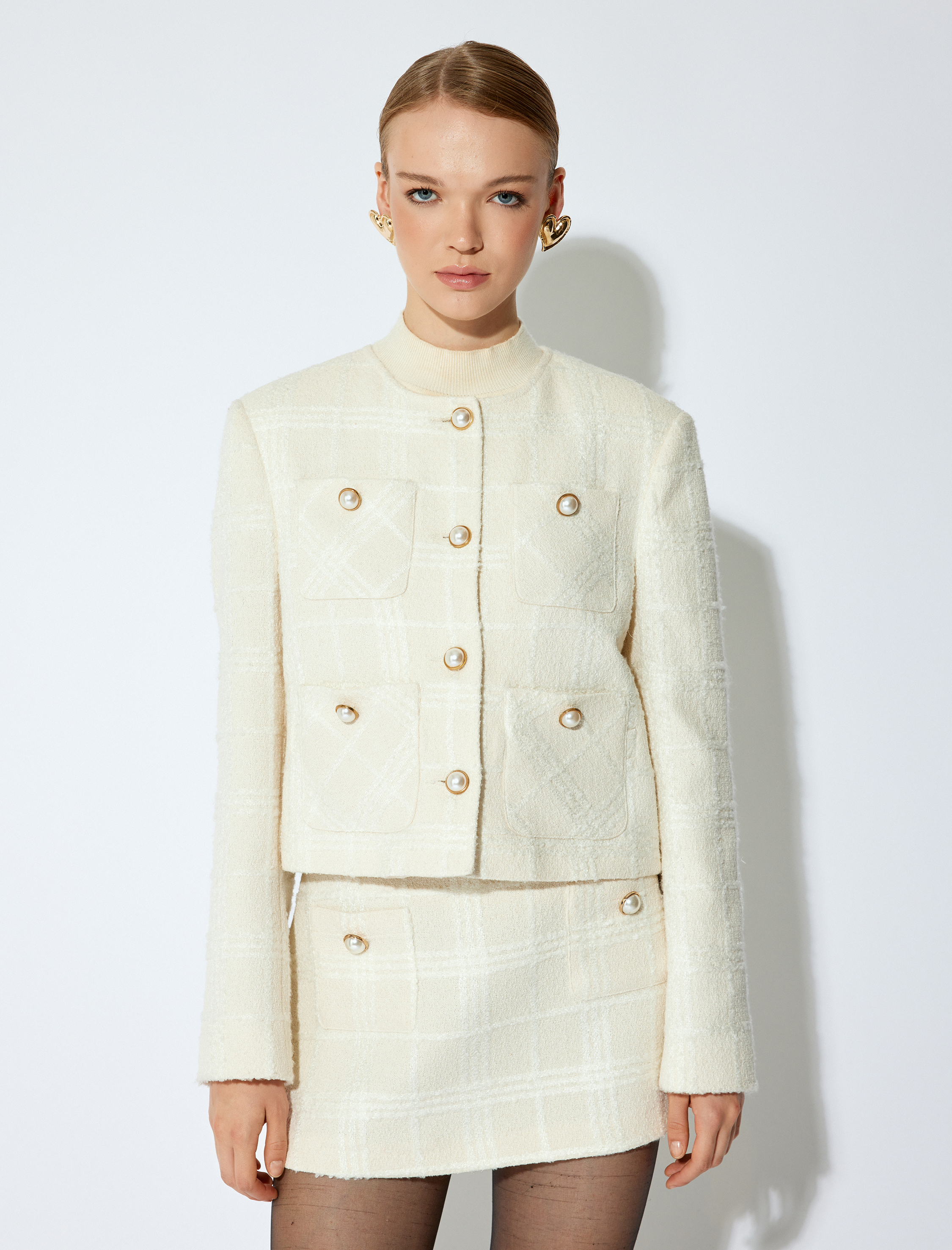   Cepli Yuvarlak Yaka İnci Düğme Detaylı Tüvit Ceket