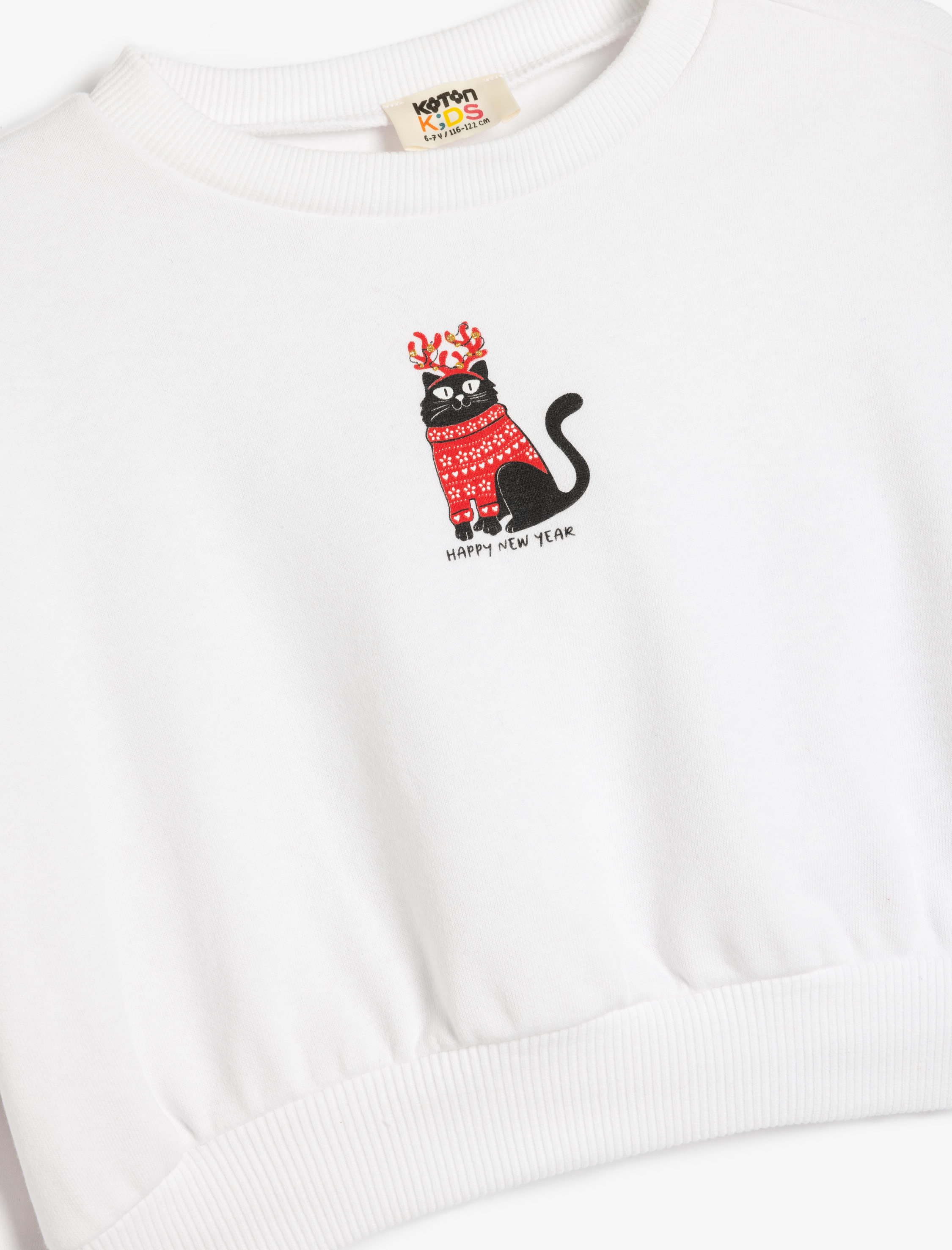  Kız Çocuk Kedi Baskılı Bisiklet Yaka Uzun Kollu Şardonlu Sweatshirt