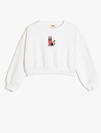 Yılbaşı Temalı Sweatshirt Uzun Kollu Kedi Baskılı Bisiklet Yaka