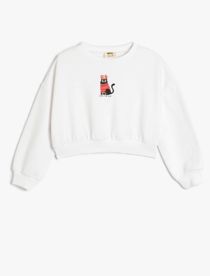 Kız Çocuk Yılbaşı Temalı Sweatshirt Uzun Kollu Kedi Baskılı Bisiklet Yaka