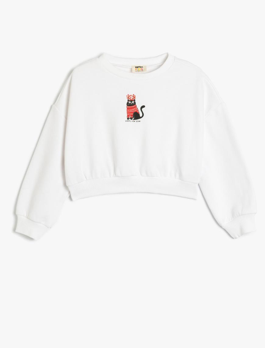  Kız Çocuk Yılbaşı Temalı Sweatshirt Uzun Kollu Kedi Baskılı Bisiklet Yaka