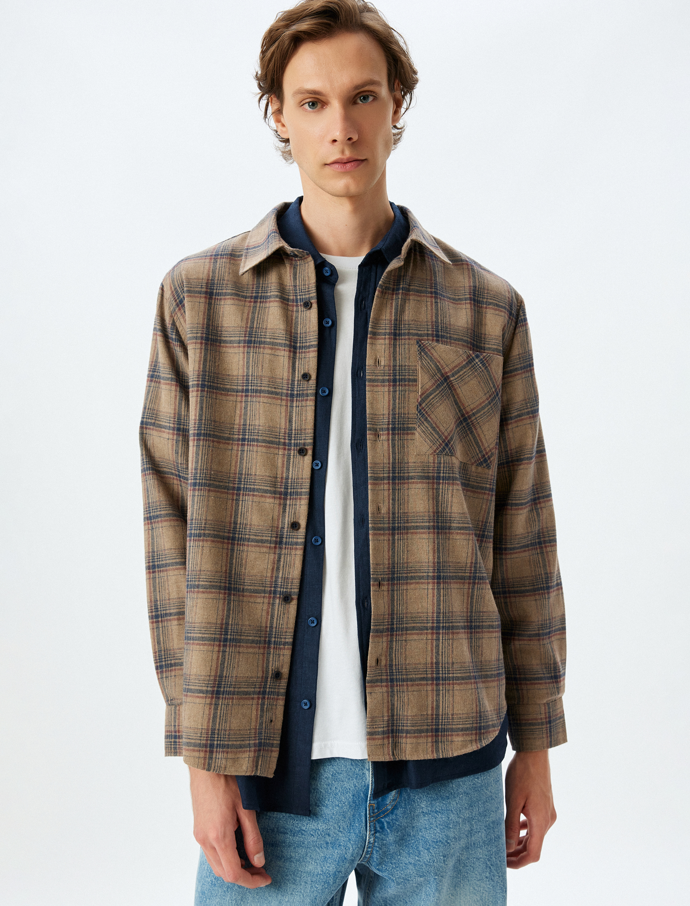   Uzun Kollu Cepli Regular Fit Pamuk Karışımlı Oduncu Gömleği