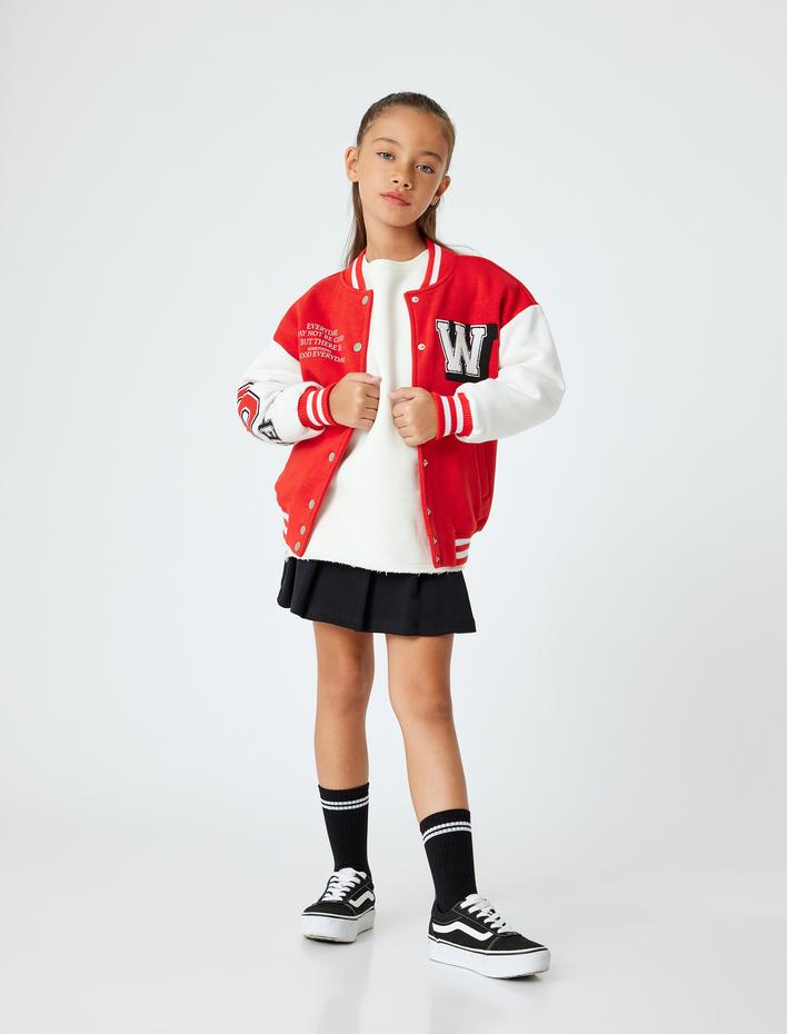 Kız Çocuk Kolej Ceket Aplike Detaylı Uzun Kollu Renk Bloklu Çıtçıt Kapamalı Şardonlu