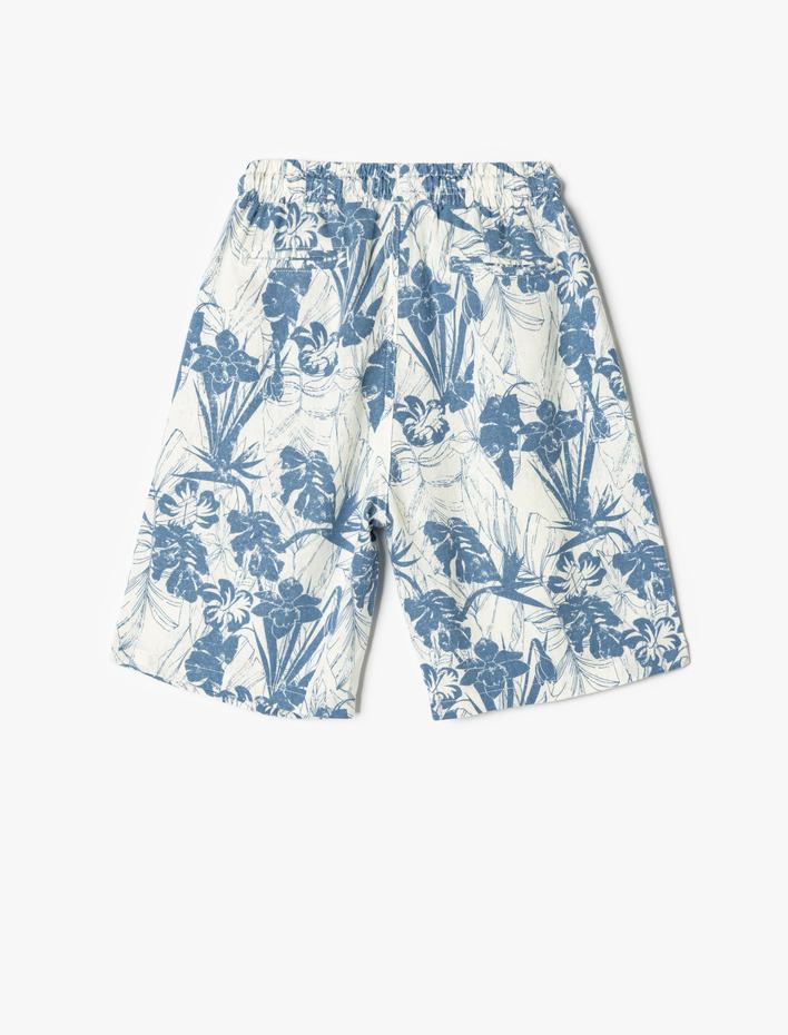 Erkek Çocuk Keten Şort Cepli Beli Lastikli Floral Baskılı