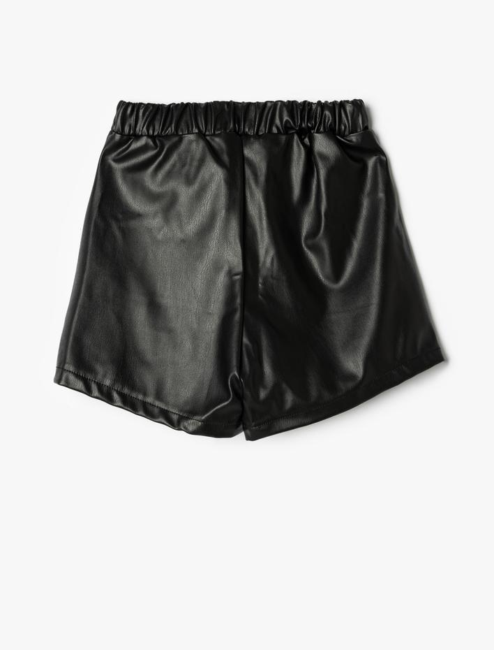 Kız Çocuk Şort Etek Deri Görünümlü Beli Lastikli Toka Detaylı