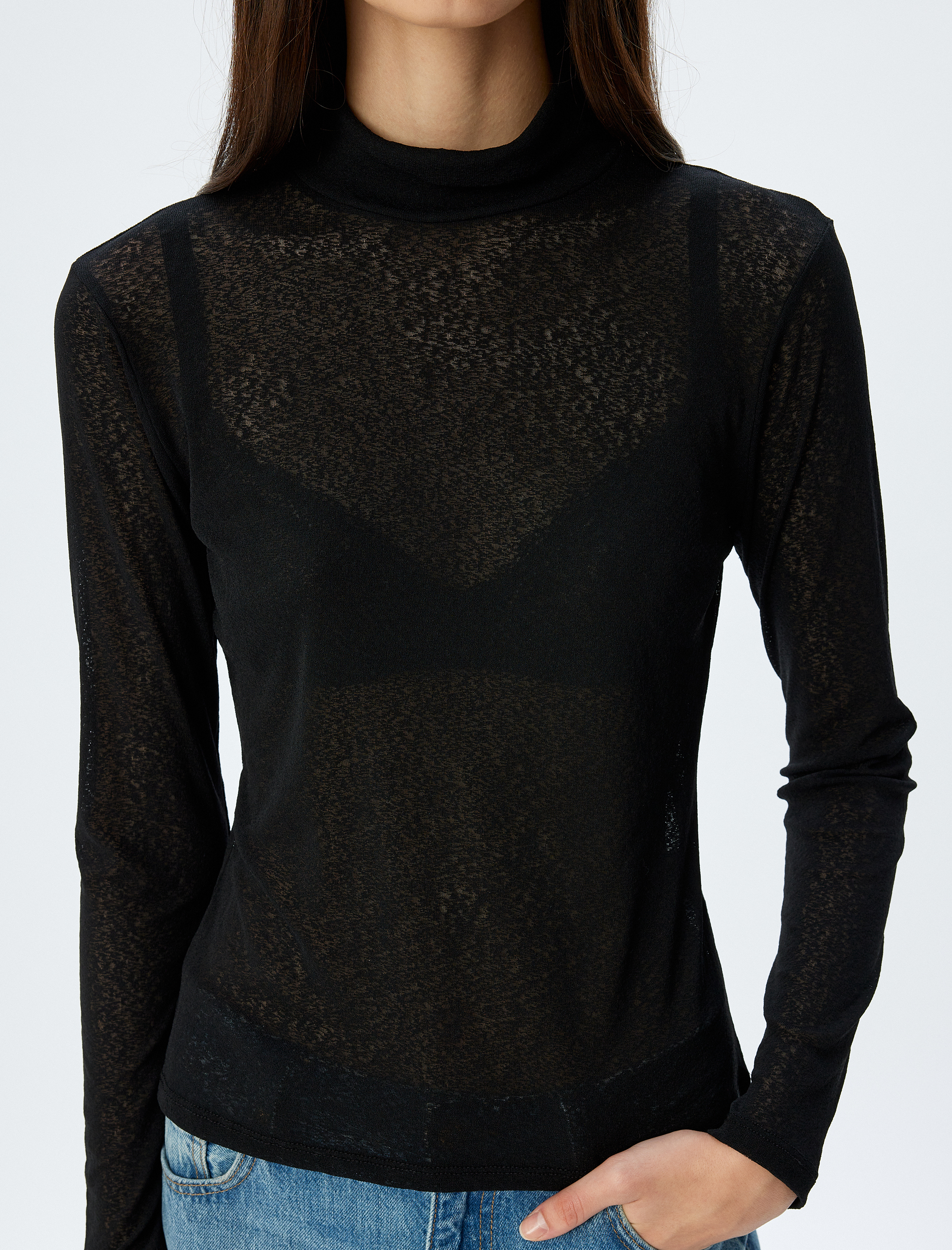   Balıkçı Yaka Yarı Transparan Uzun Kollu Body