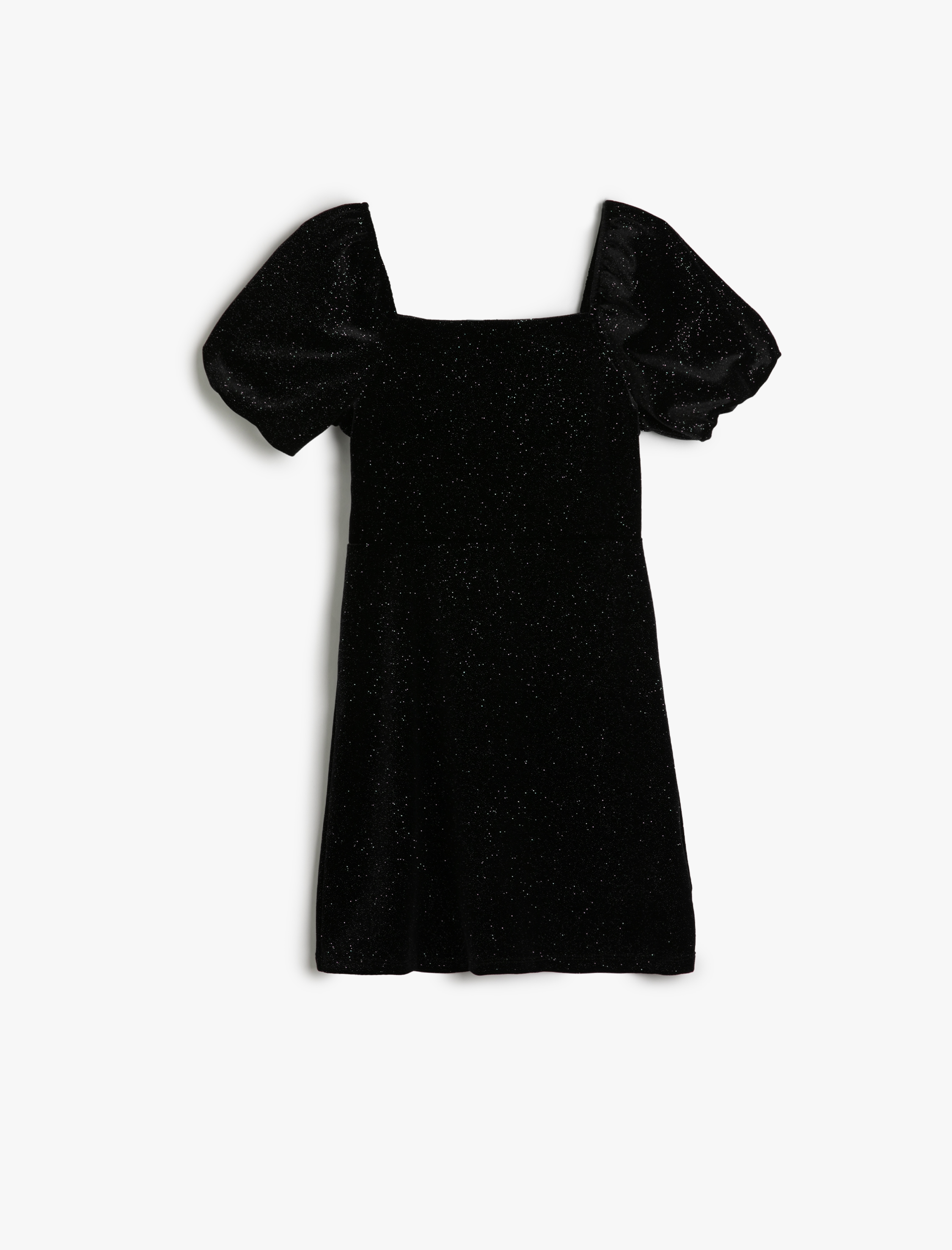  Kız Çocuk Sim Detaylı Balon Kollu Kare Yaka Kadife Elbise