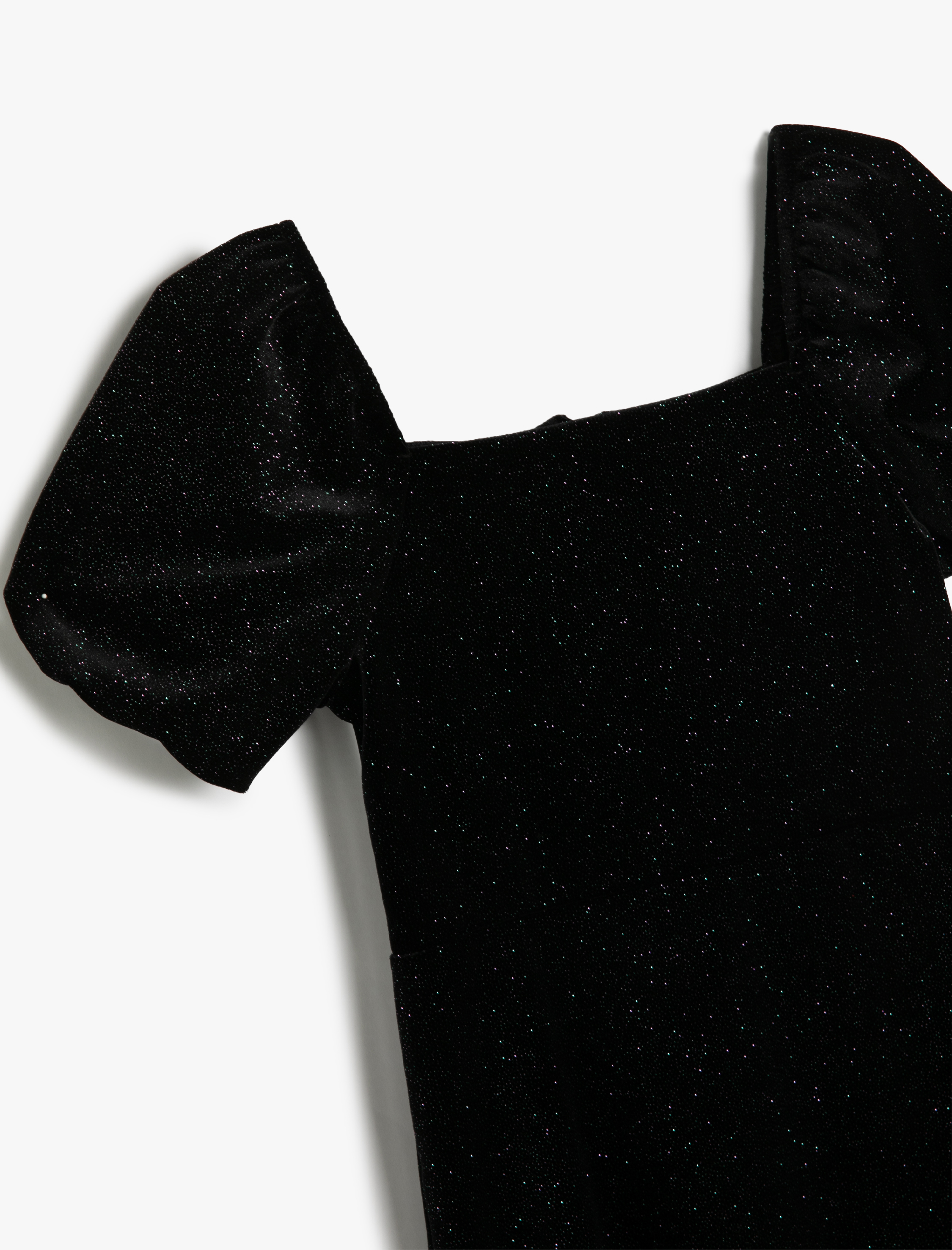  Kız Çocuk Sim Detaylı Balon Kollu Kare Yaka Kadife Elbise