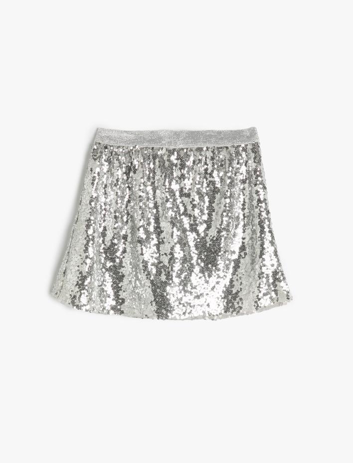 Kız Çocuk Sim Detaylı Beli Lastikli Pullu Payetli Mini Etek