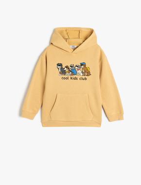 Oversize Kapşonlu Sweatshirt Köpek Baskılı Bisiklet Yaka Uzun Kollu Kanguru Cepli