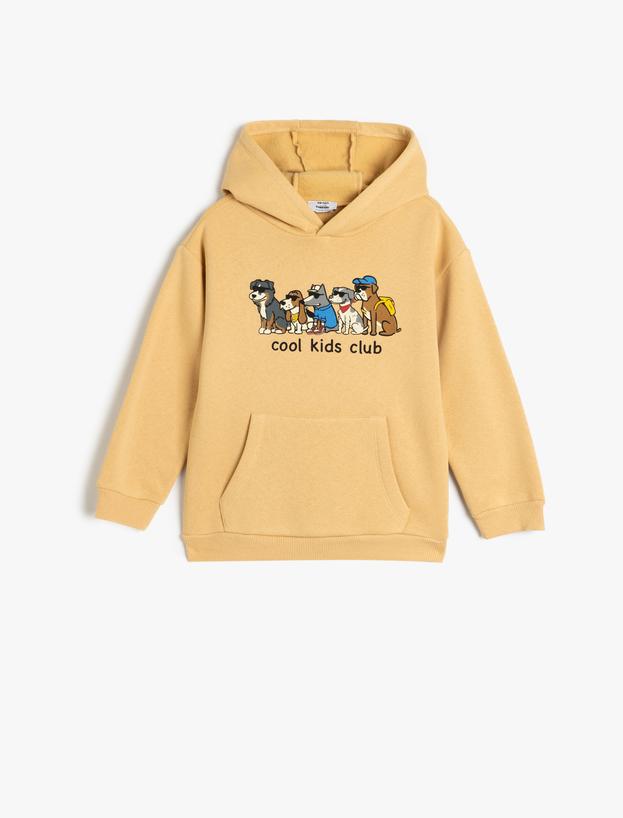 Oversize Kapşonlu Sweatshirt Köpek Baskılı Bisiklet Yaka Uzun Kollu Kanguru Cepli_0
