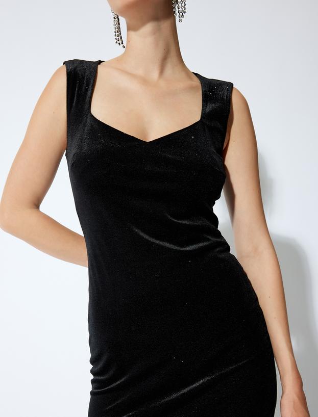 Kadife Simli Kalp Yaka Kolsuz Slim Fit Mini Abiye Elbise_4