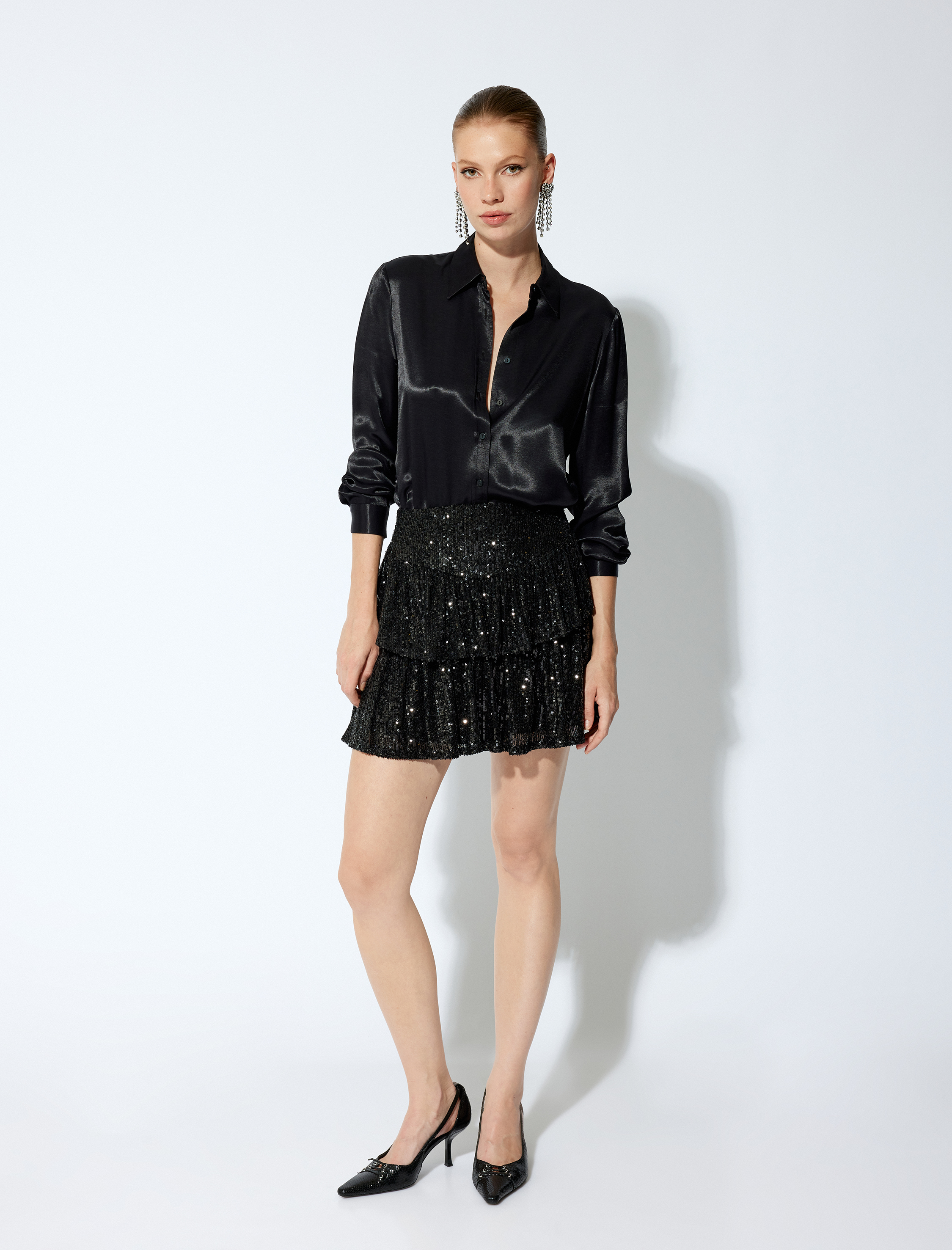   Pullu Payetli Volanlı Katlı Mini Abiye Etek