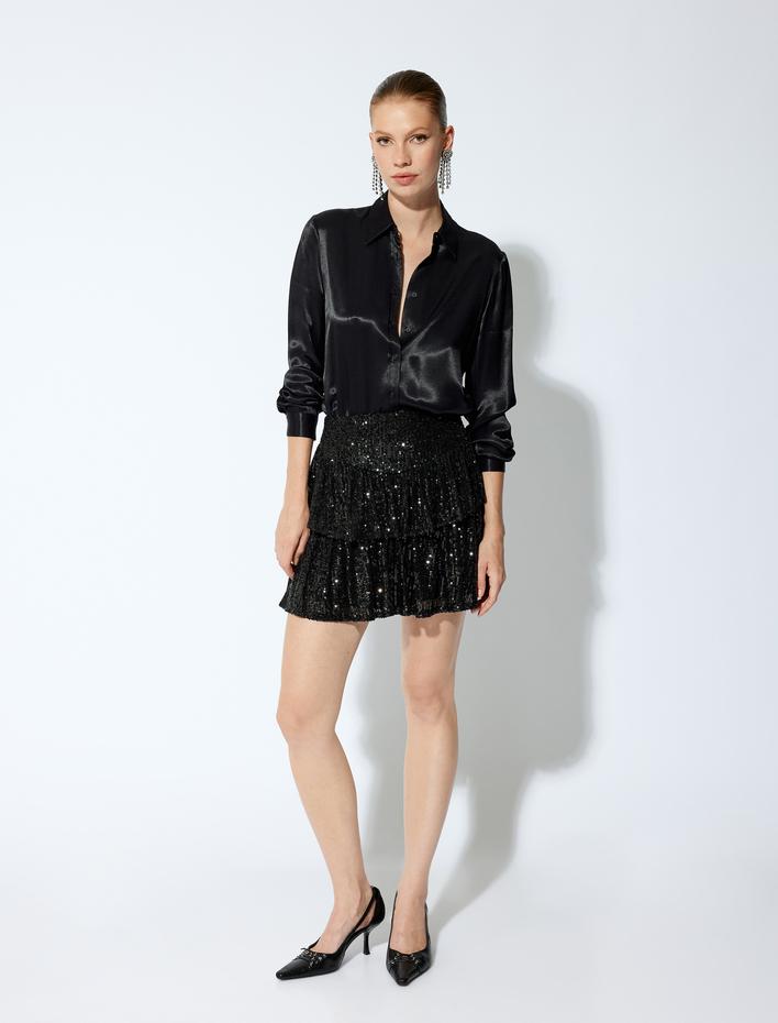  Pullu Payetli Volanlı Katlı Mini Abiye Etek