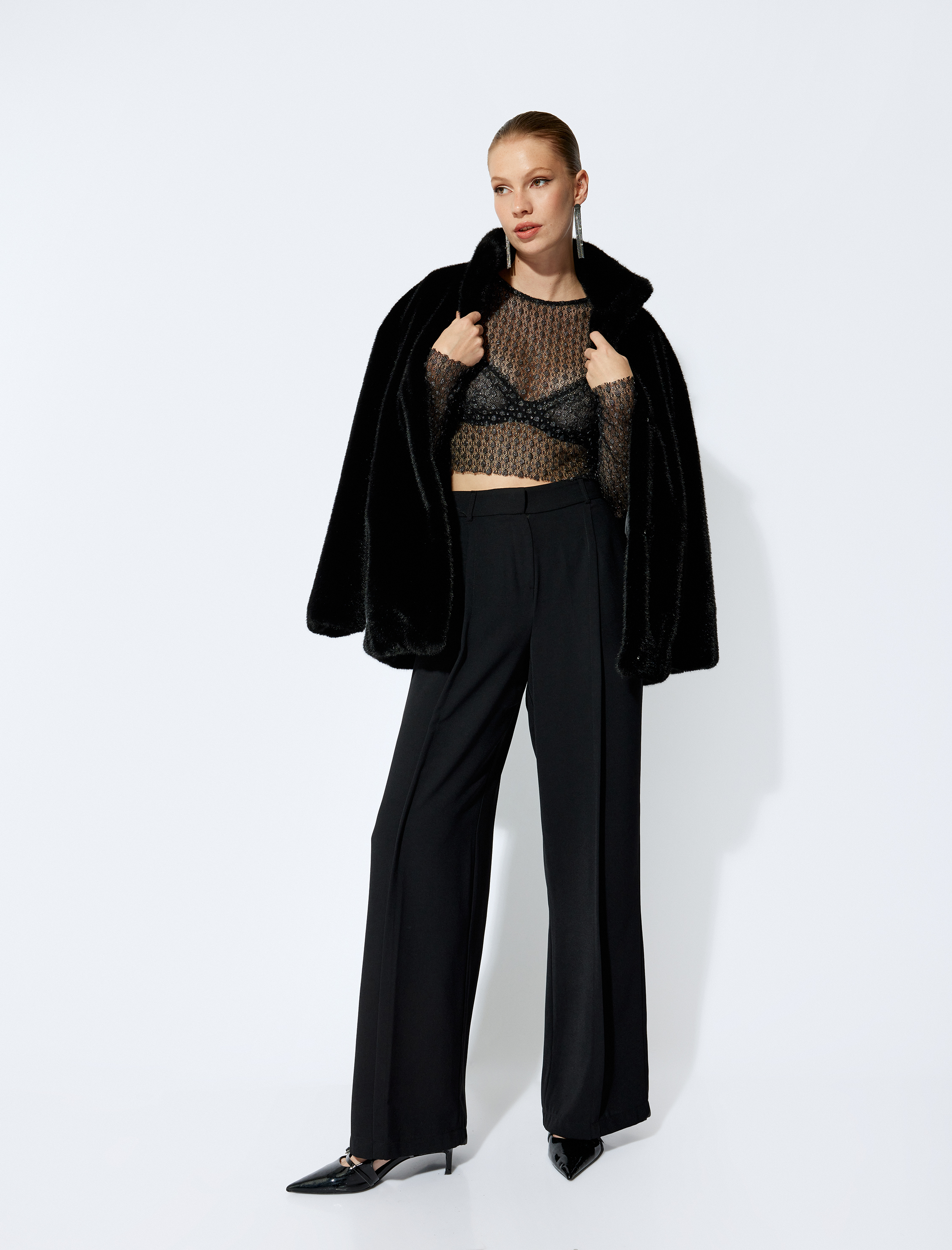   Bisiklet Yaka Uzun Kollu Transparan Crop Bluz