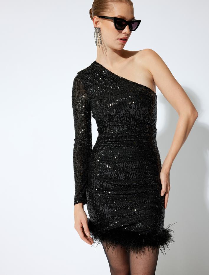  Pullu Payetli Tek Omuz Tüy Detaylı Mini Abiye Elbise