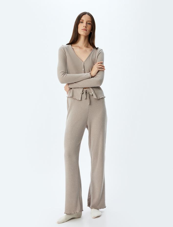  Bol Paça Beli Bağlamalı Örme Pijama Altı