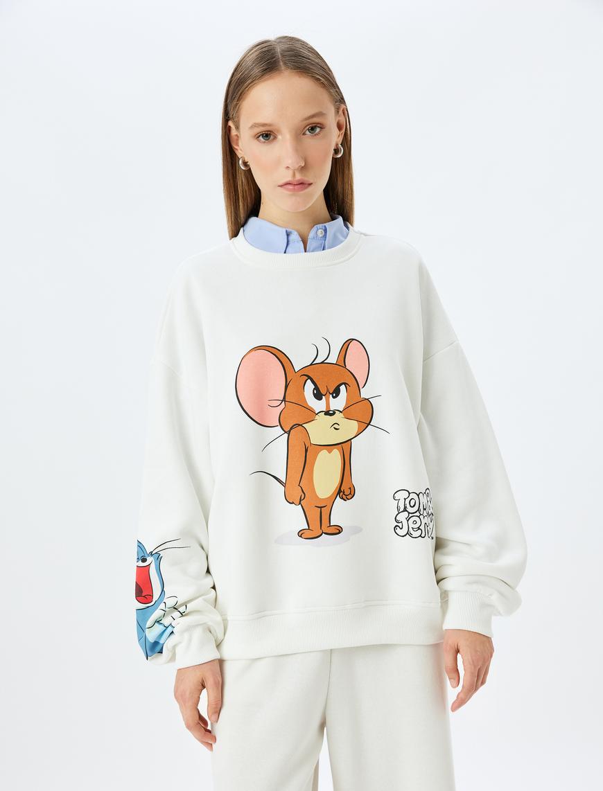   Tom ve Jerry Baskılı Bisiklet Yaka Şardonlu Rahat Kalıp Lisanslı Sweatshirt