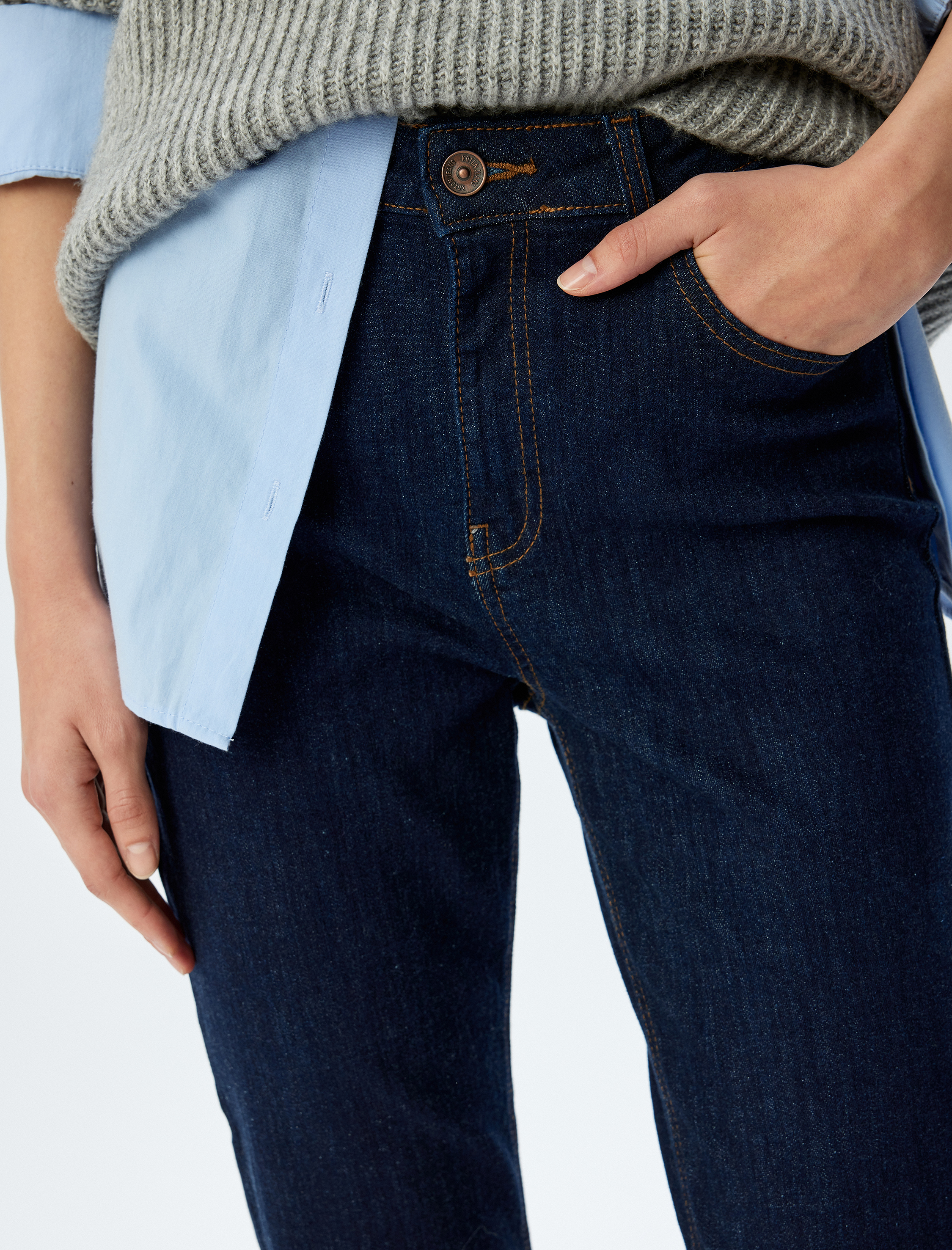   İspanyol Paça Normal Bel Skinny Fit Düğmeli Kot Pantolon - Flare Jean