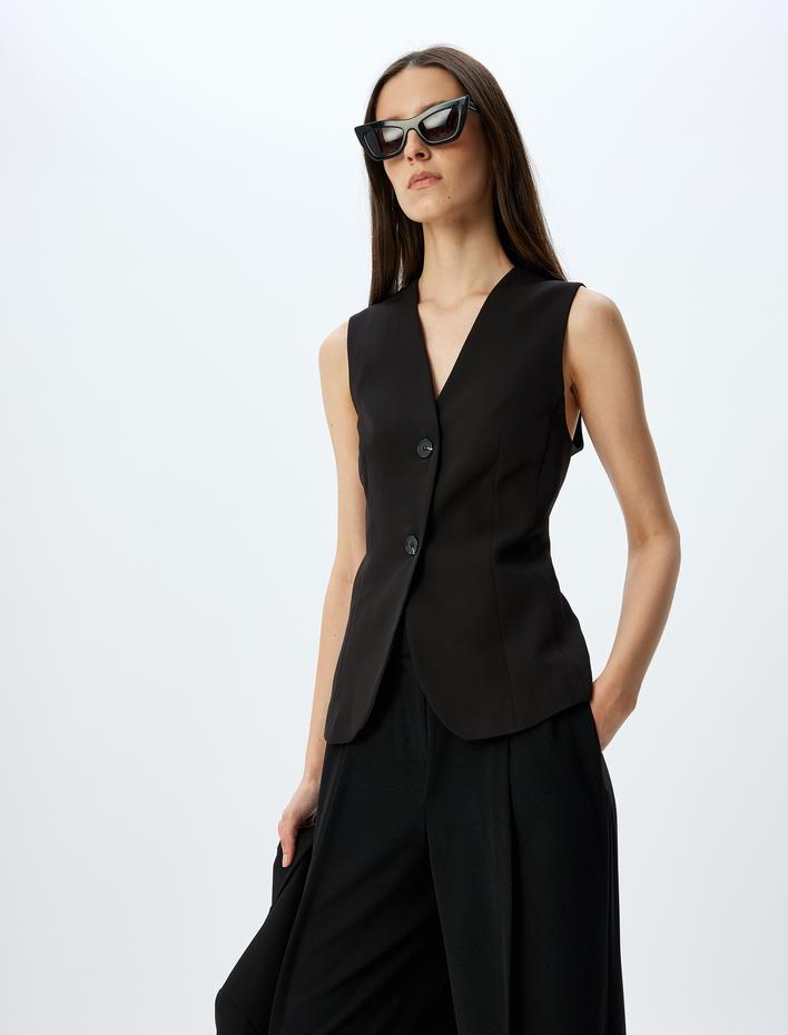  Slim Fit Düğmeli V Yaka Uzun Blazer Yelek