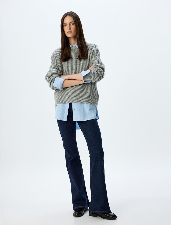  İspanyol Paça Normal Bel Skinny Fit Düğmeli Kot Pantolon - Flare Jean