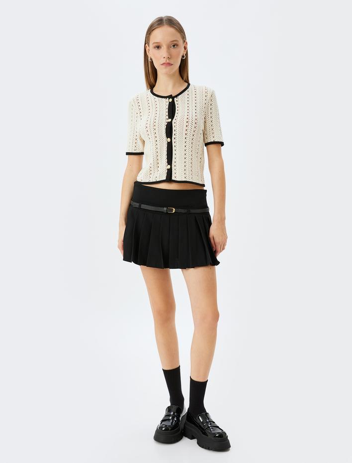  Ajurlu Düğmeli Biyeli Kısa Kollu Bisiklet Yaka Hırka