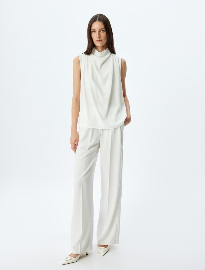  Krep Kumaş Dik Yaka Drapeli Kolsuz Bluz