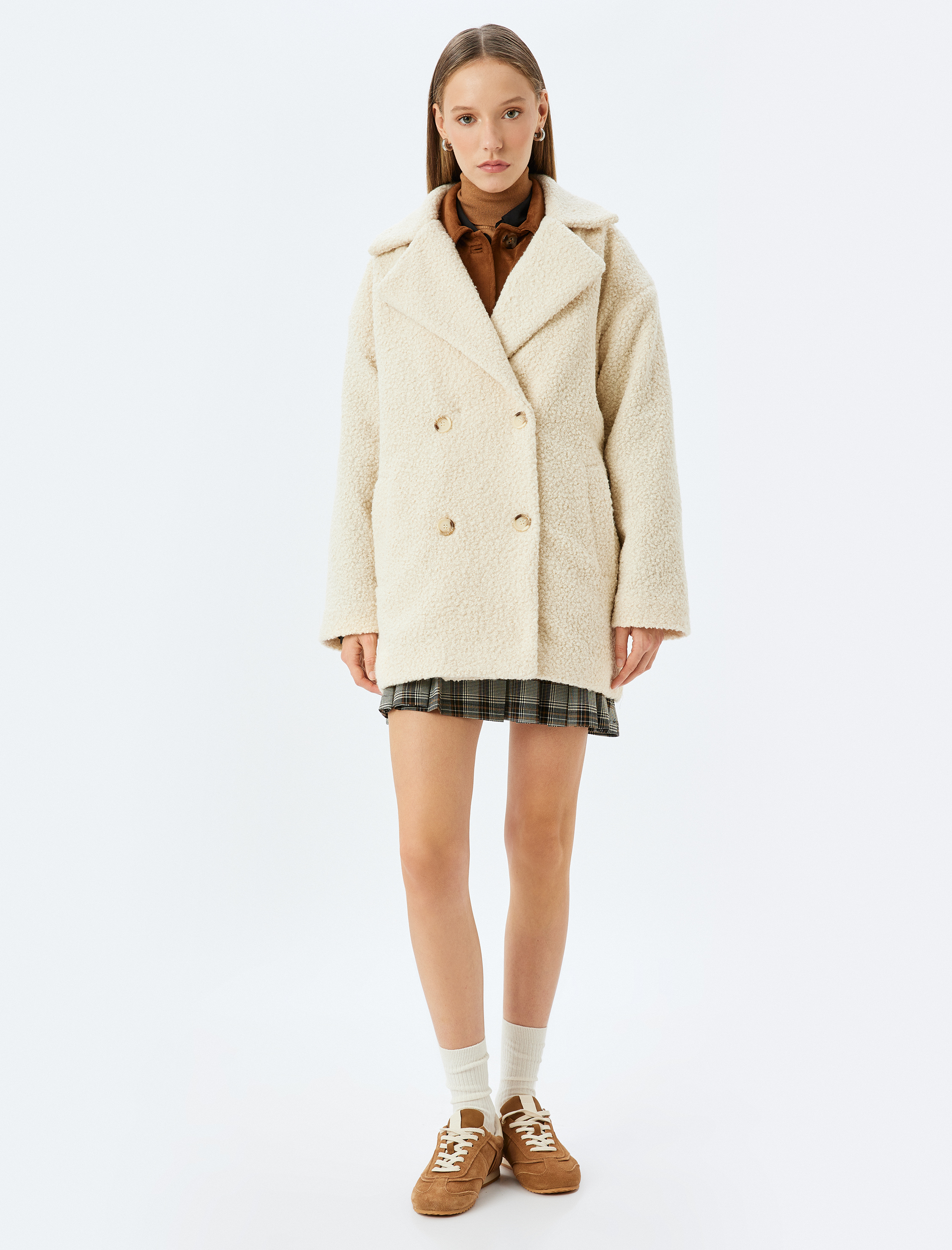   Kruvaze Yaka Düğmeli Cep Detaylı Buklet Kaban