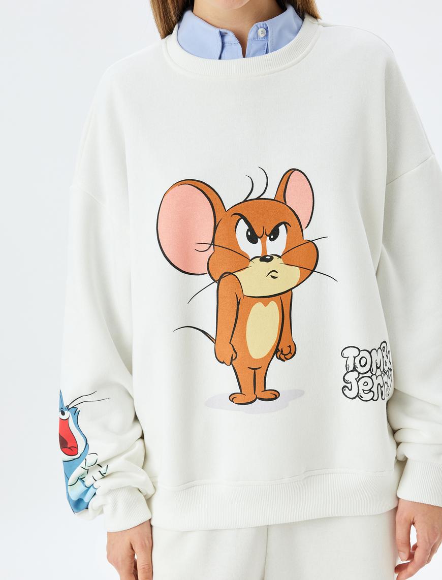   Tom ve Jerry Baskılı Bisiklet Yaka Şardonlu Rahat Kalıp Lisanslı Sweatshirt