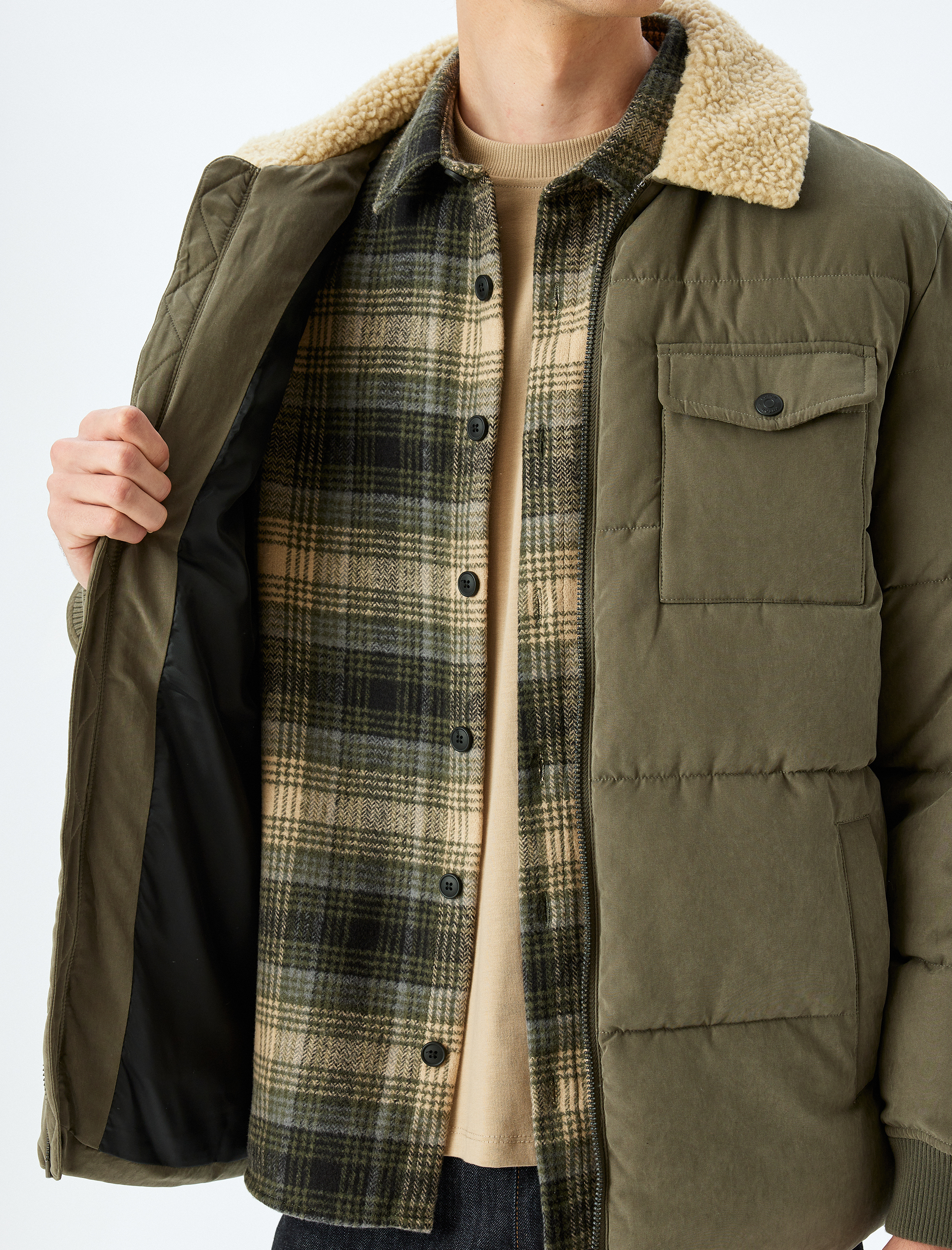   Slim Fit Şişme Mont Peluş Yaka Detaylı Fermuarlı