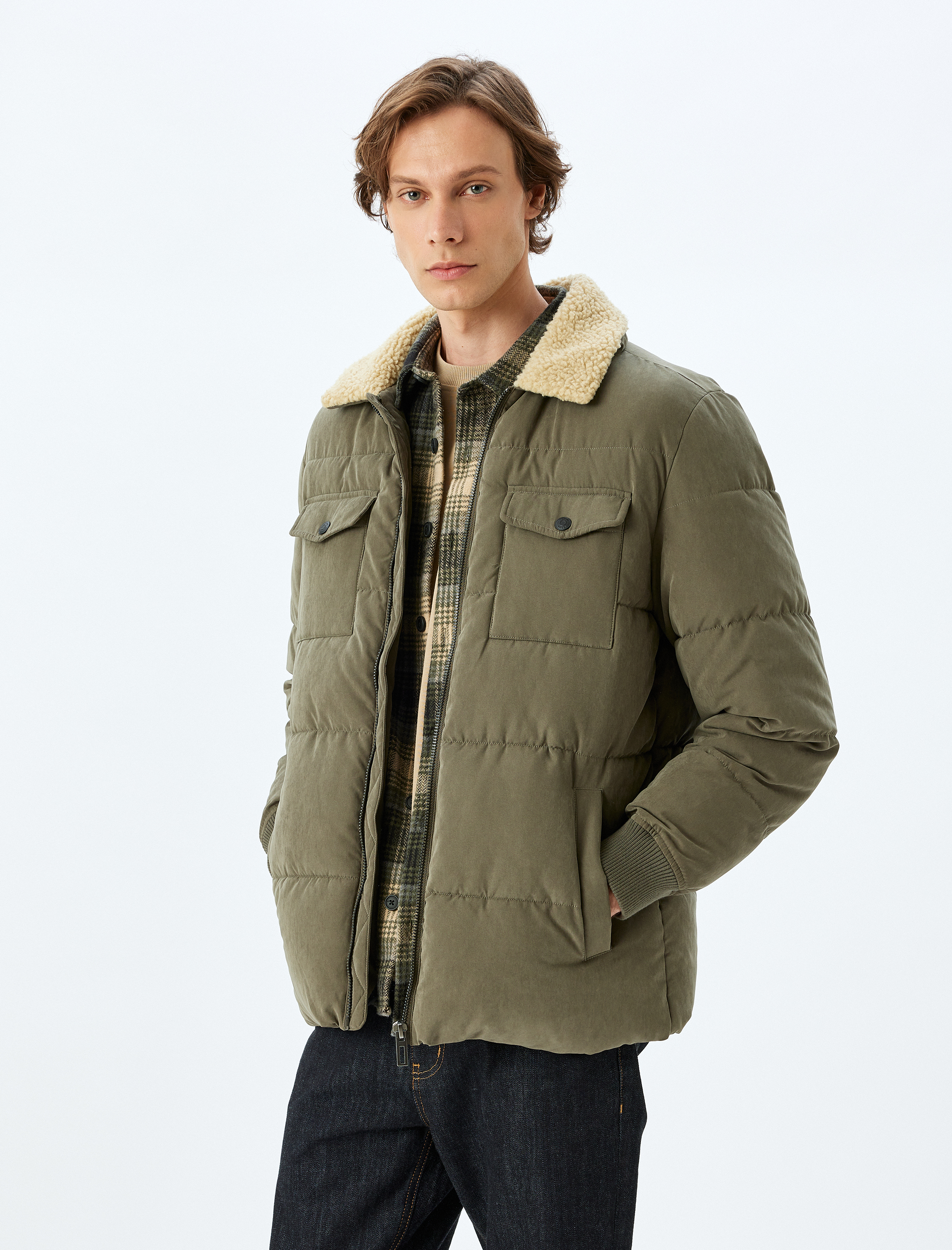   Slim Fit Şişme Mont Peluş Yaka Detaylı Fermuarlı