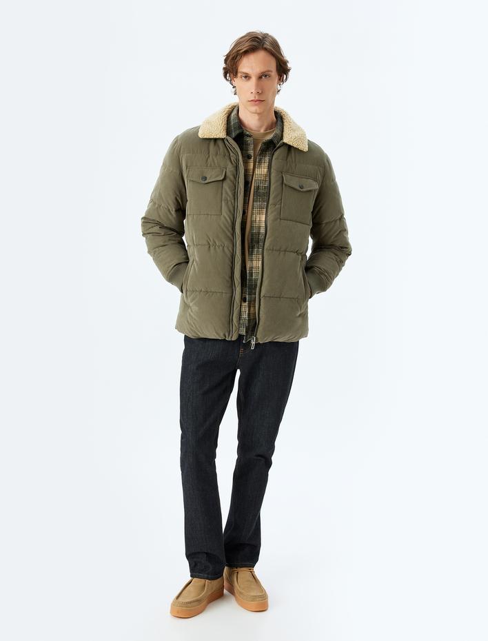  Slim Fit Şişme Mont Peluş Yaka Detaylı Fermuarlı