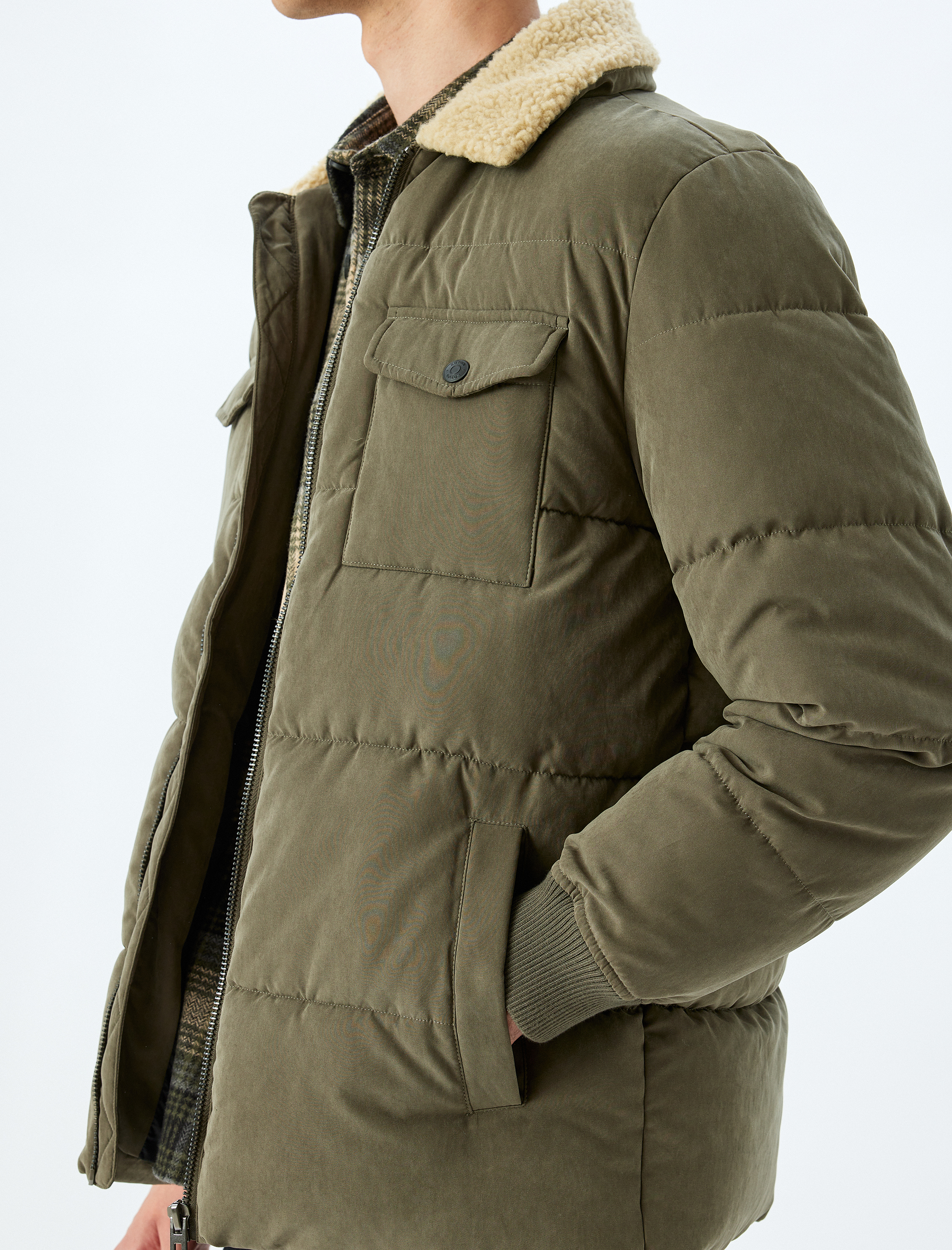   Slim Fit Şişme Mont Peluş Yaka Detaylı Fermuarlı