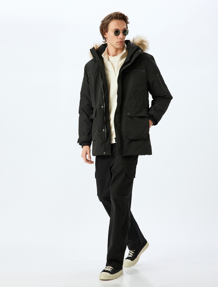  Anorak Mont Suni Kürk Detaylı Kapşonlu Slim Fit Fermuarlı