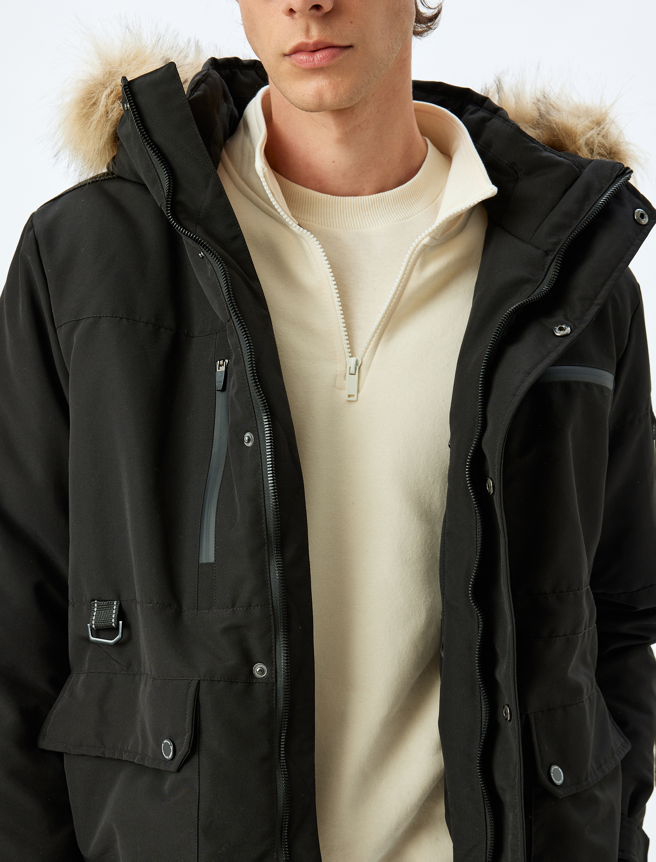   Anorak Mont Suni Kürk Detaylı Kapşonlu Slim Fit Fermuarlı