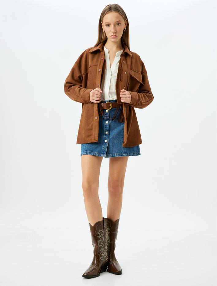  Süet Görünümlü Klasik Yaka Cep Detaylı Düğmeli Oversize Gömlek