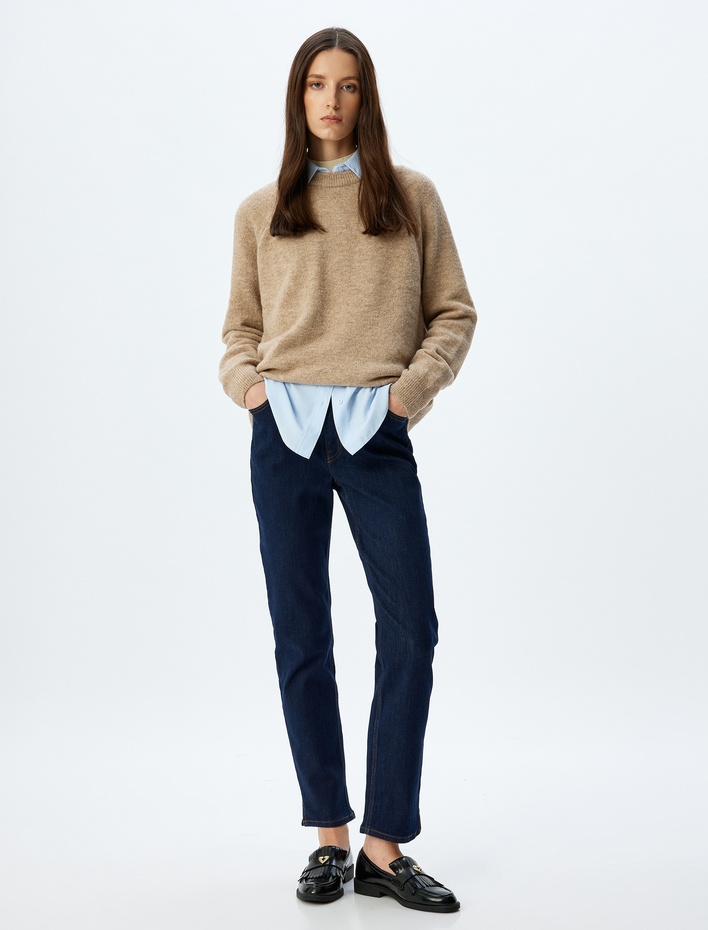  Slim Straight Fit Normal Bel Düğmeli Cepli Kot Pantolon - Slim Straight Jean